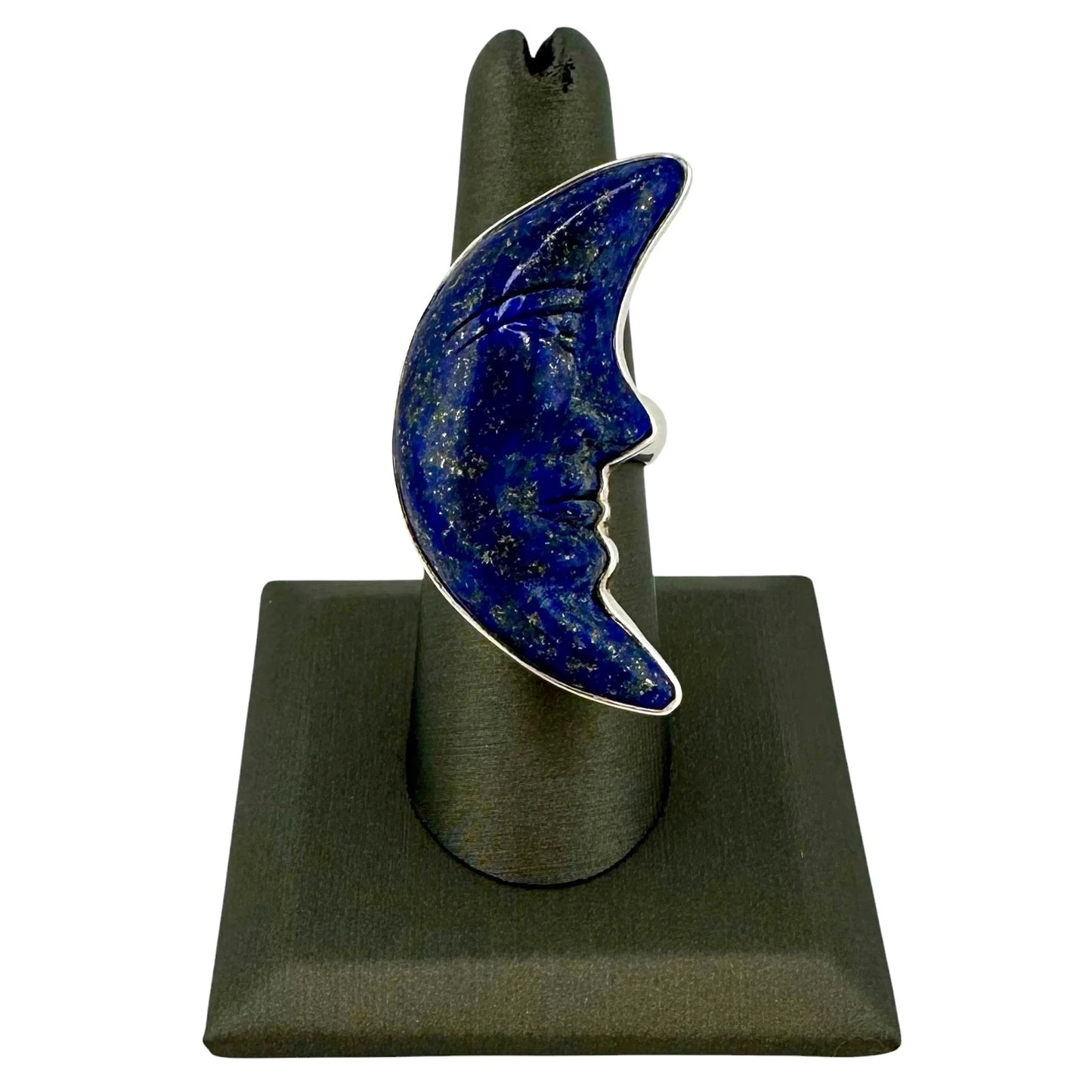 Carved Lapis Lazuli Crescent Moon Ring in Sterling Silver