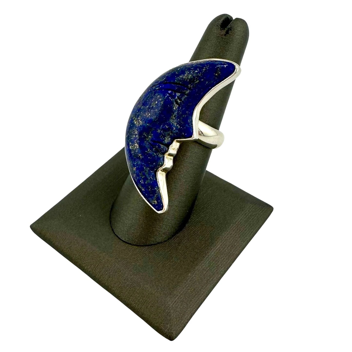Carved Lapis Lazuli Crescent Moon Ring in Sterling Silver