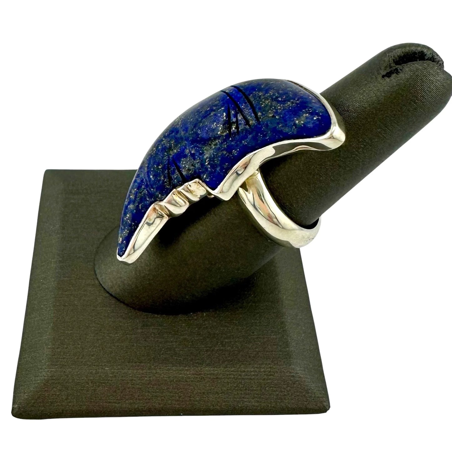 Carved Lapis Lazuli Crescent Moon Ring in Sterling Silver