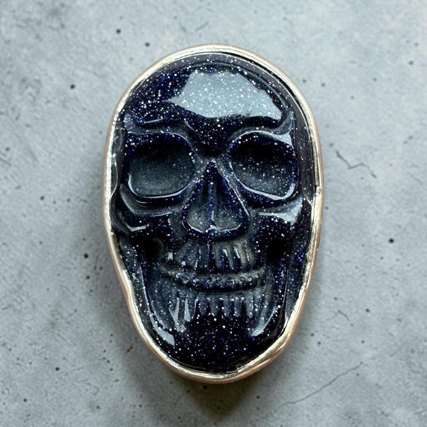 Midnight Blue Goldstone Skull Ring in Sterling Silver