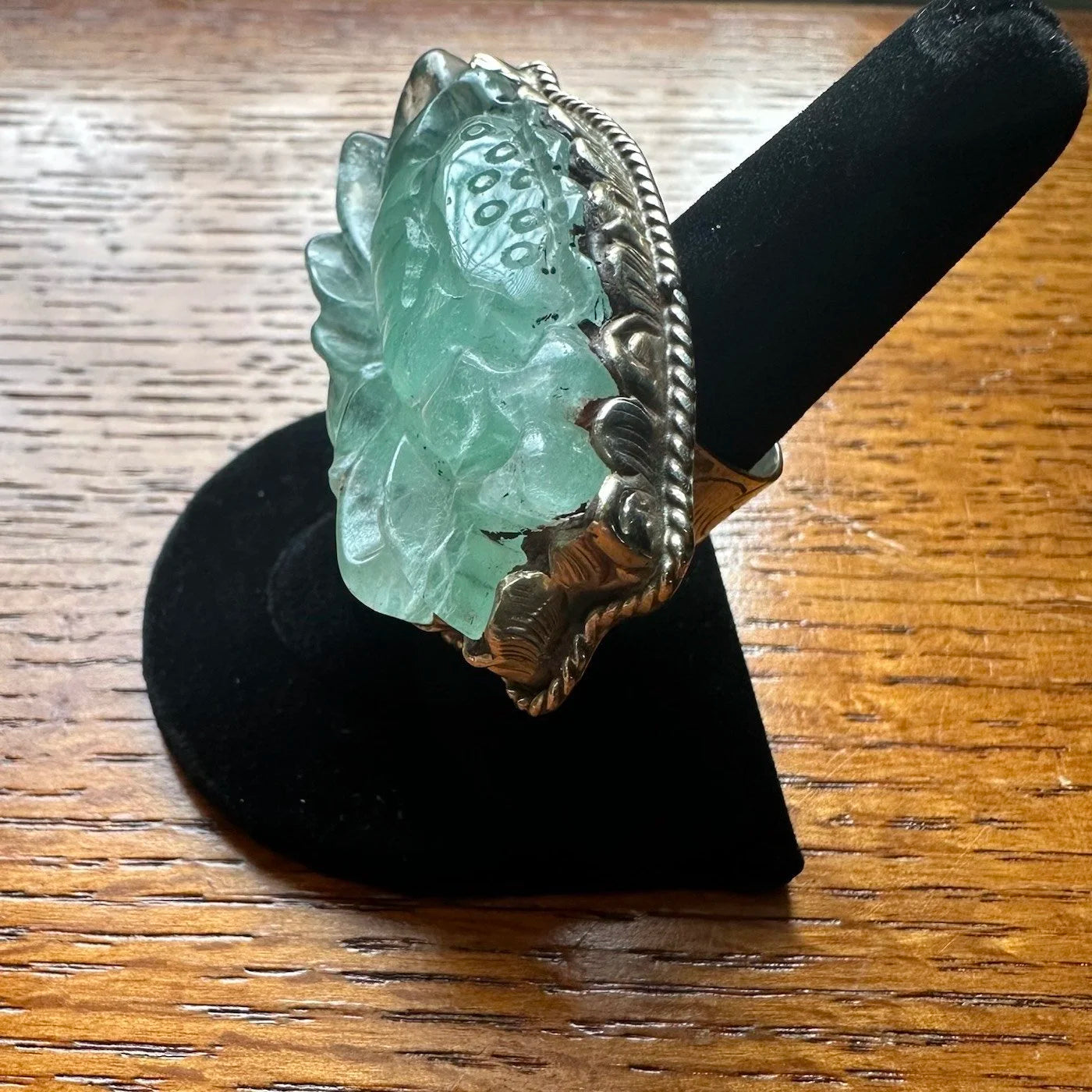 Tibetan Silver Green Aventurine Lotus Ring