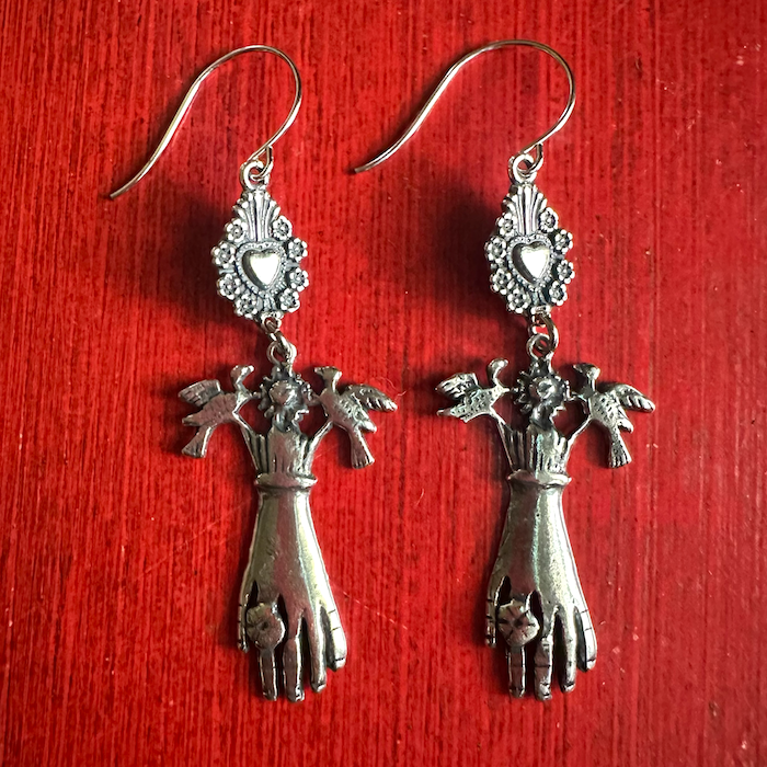 Sparrows on Hand Earrings – Sterling Silver over Bronze | Frida Chic