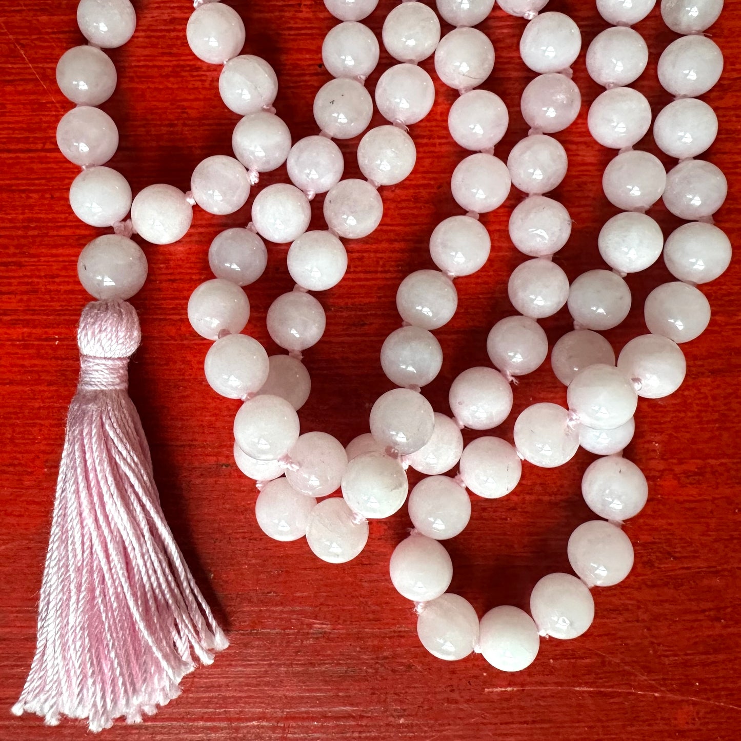 Rose Quartz Hand Knotted 108 Bead Mala Pink Tassel