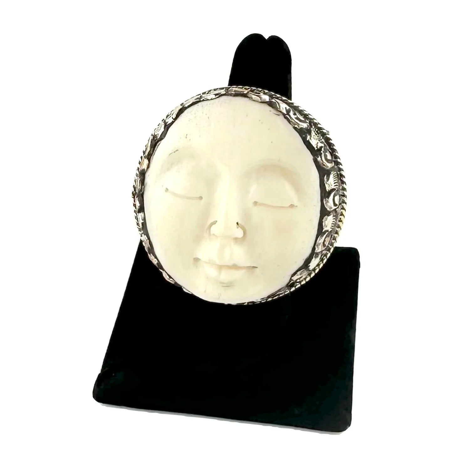 Tibetan Full Moon Ring with Lovely Hand Carved Serene Face