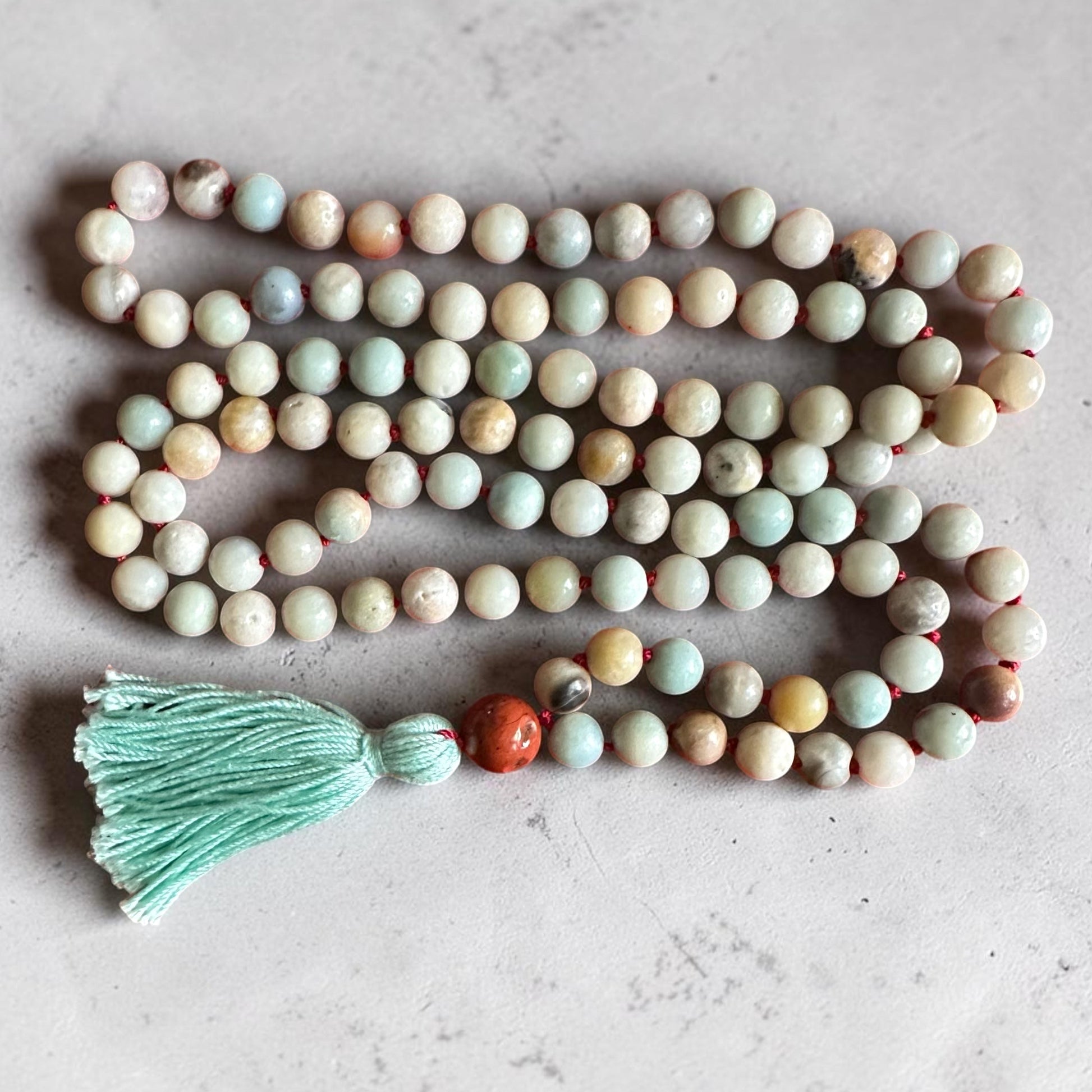 mala beaded necklace amazonite beads with aqua tassel