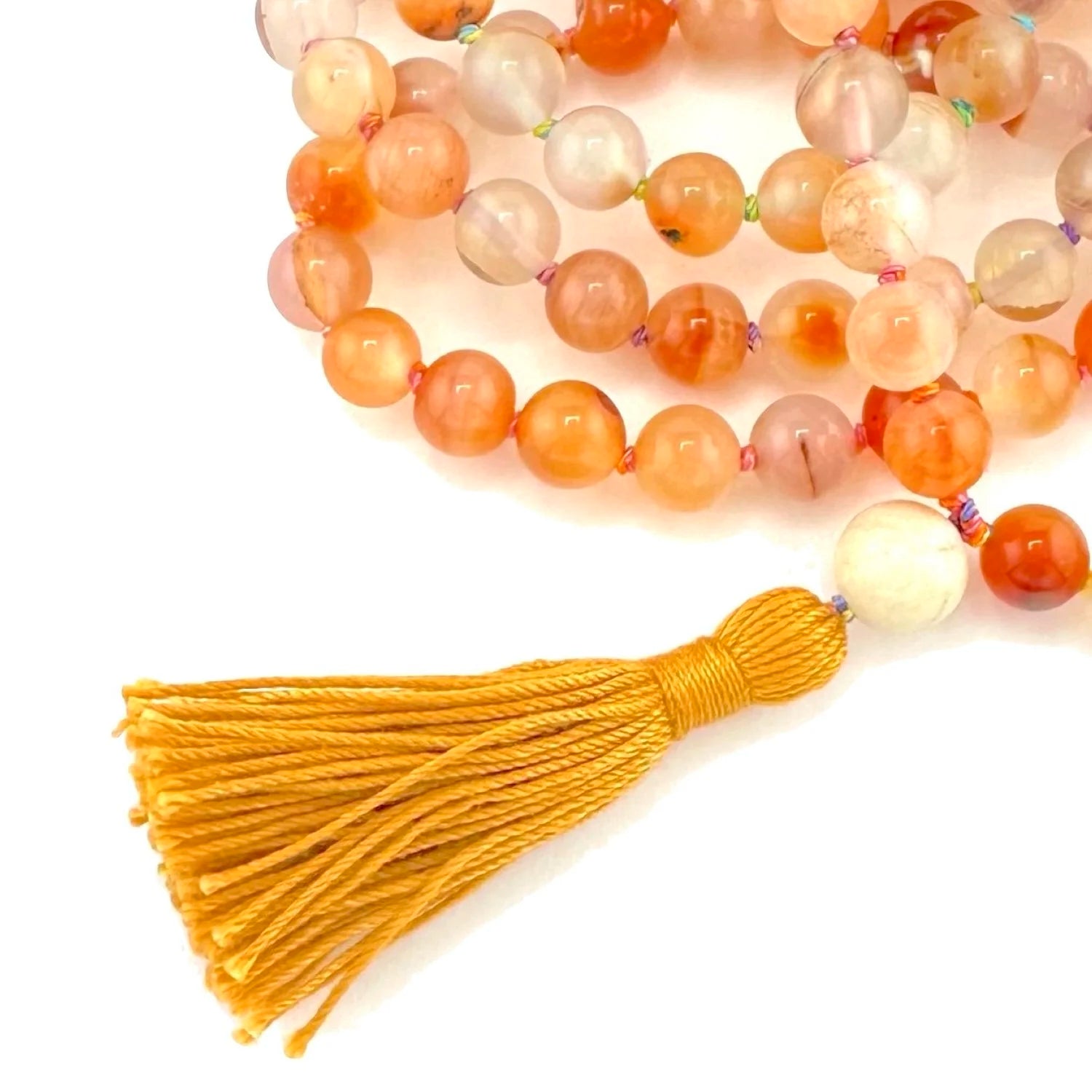Carnelian Mala | Hand Knotted 108 Beads | Saffron Tassel | Vajra