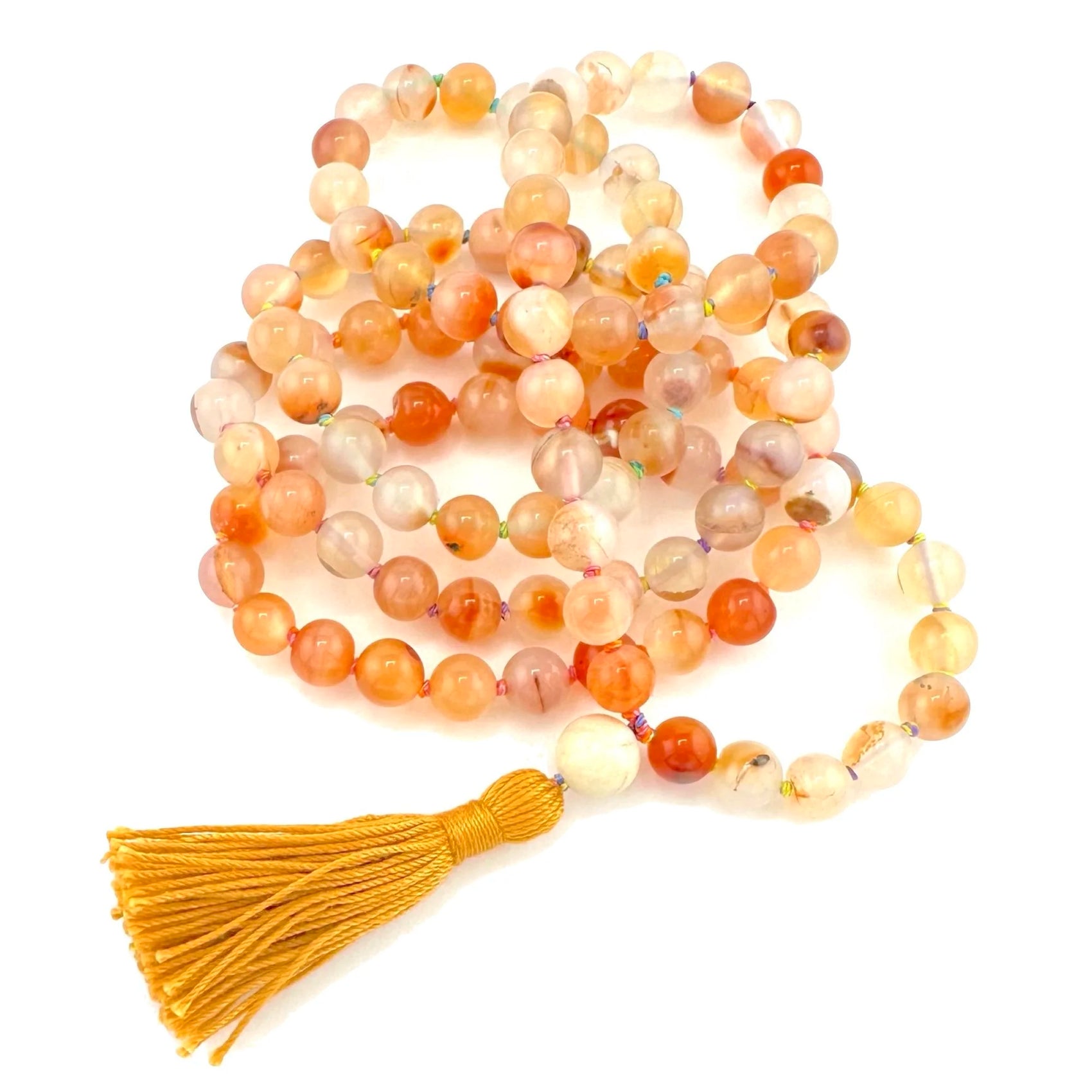 Carnelian Mala | Hand Knotted 108 Beads | Saffron Tassel | Vajra