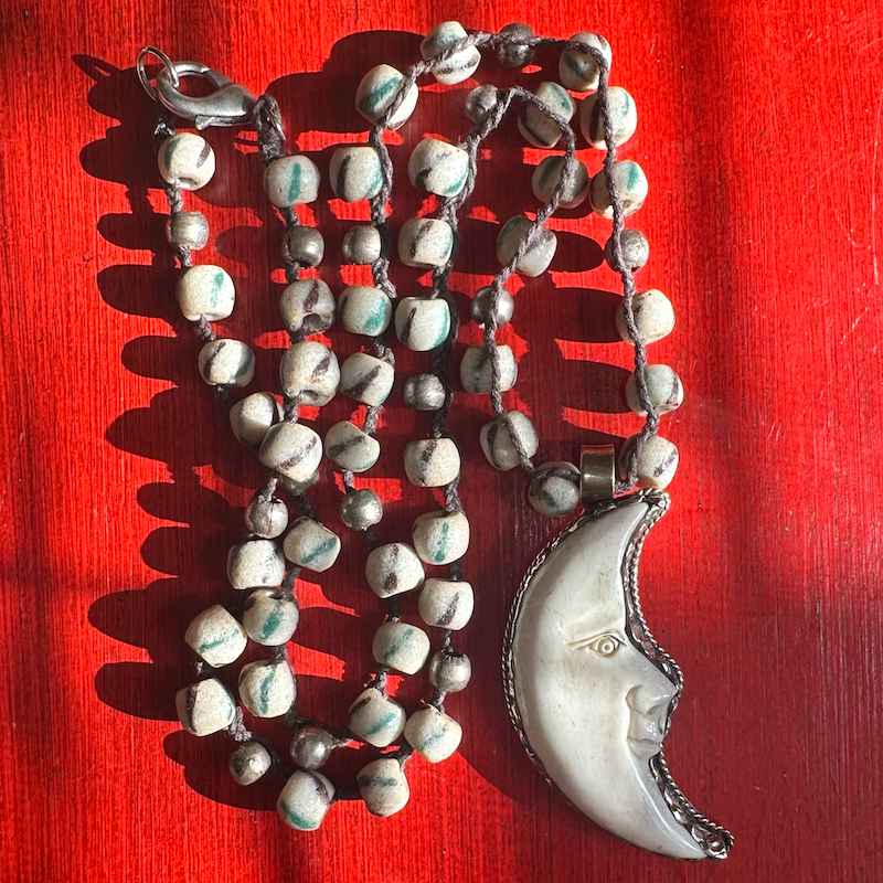 Tibetan Crescent Moon Pendant Necklace | Bone, Nickel Silver & Ceramic Trade Beads