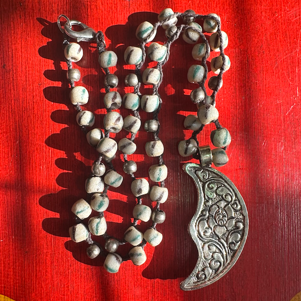 Tibetan Crescent Moon Pendant Necklace | Bone, Nickel Silver & Ceramic Trade Beads