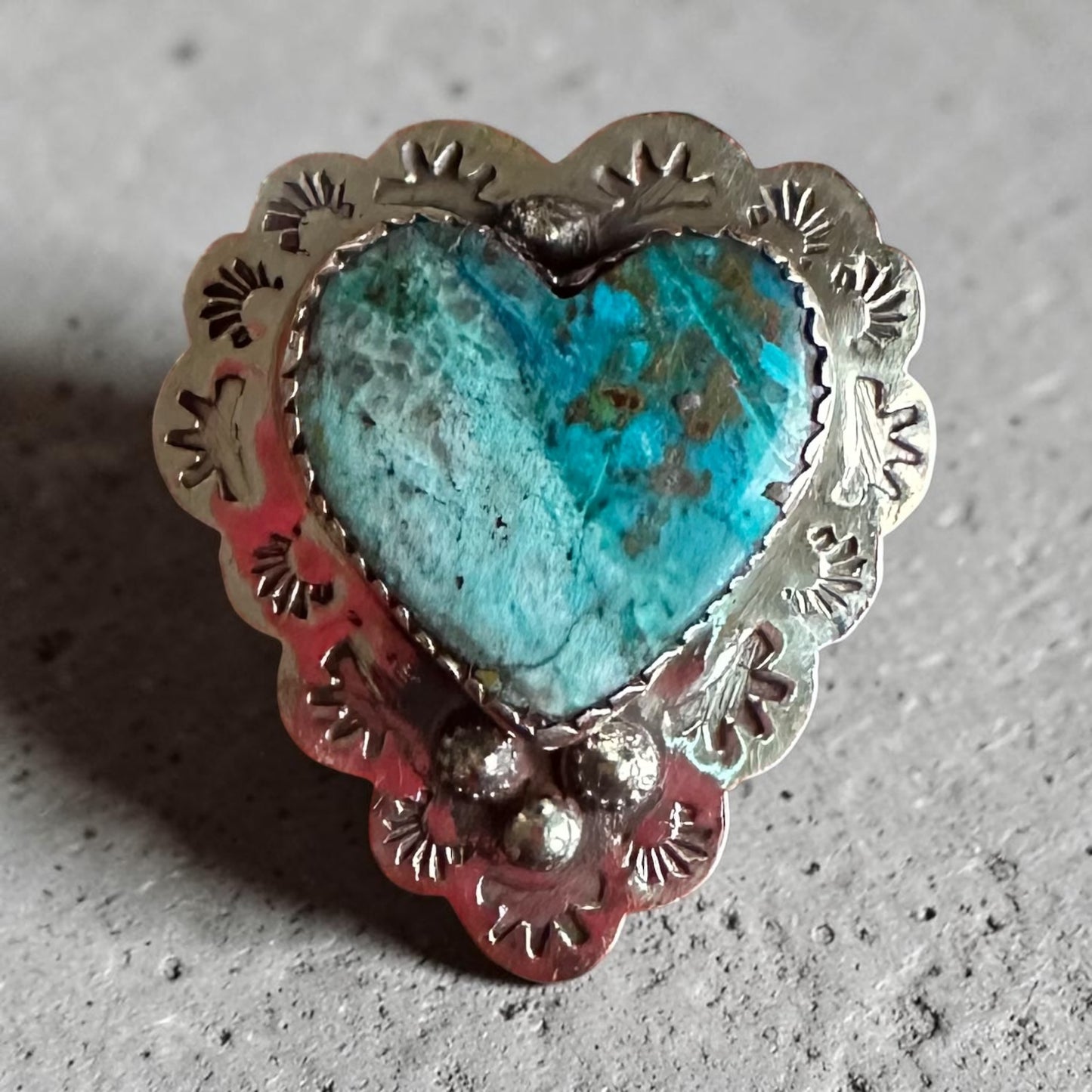 Chrysocolla Stamped Heart Ring – Tibetan Silver Adjustable