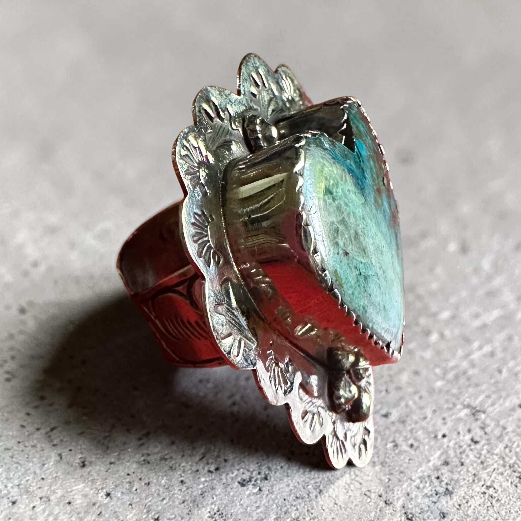 Chrysocolla Stamped Heart Ring – Tibetan Silver Adjustable