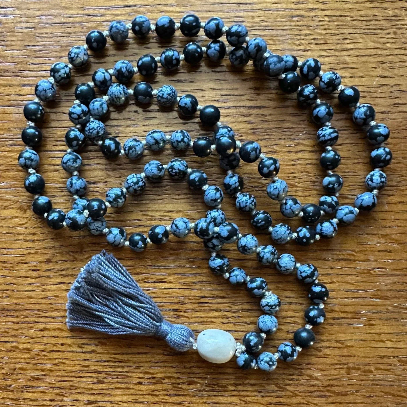 SNOWFLAKE OBSIDIAN HAND KNOTTED MALA