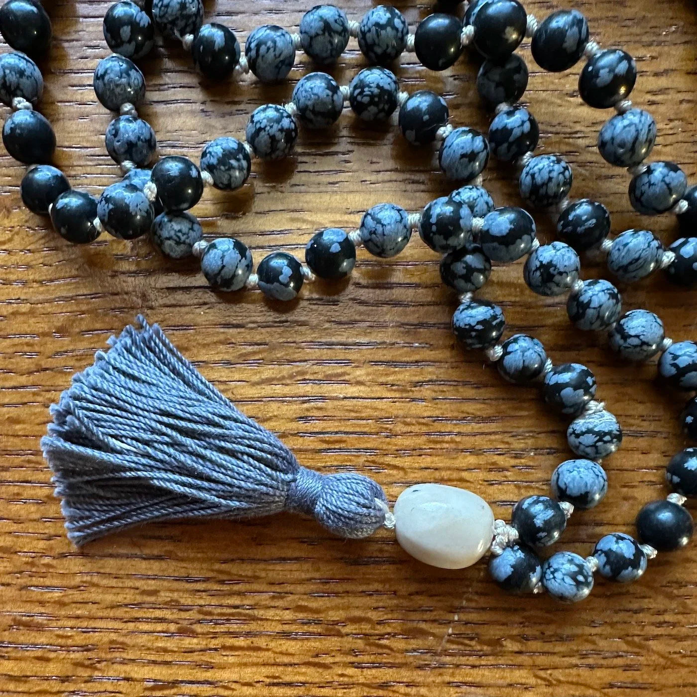 SNOWFLAKE OBSIDIAN HAND KNOTTED MALA